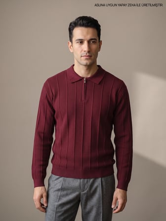 Maccali Bordo Erkek Waffle Dokulu Fermuarlı Polo Yaka Triko Kazak