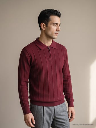 Maccali Bordo Erkek Waffle Dokulu Fermuarlı Polo Yaka Triko Kazak