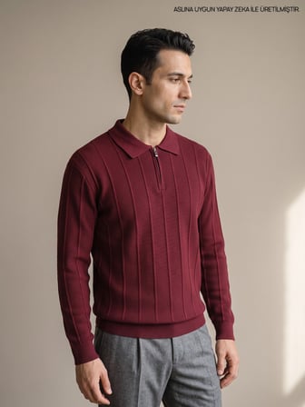 Maccali Bordo Erkek Waffle Dokulu Fermuarlı Polo Yaka Triko Kazak