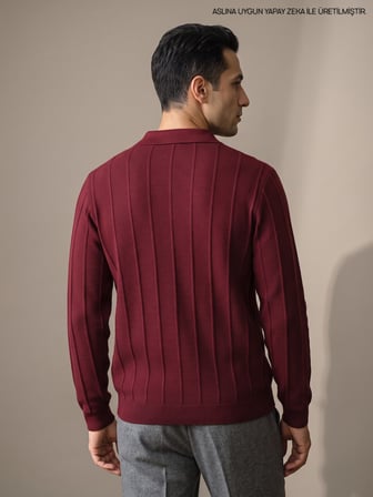 Maccali Bordo Erkek Waffle Dokulu Fermuarlı Polo Yaka Triko Kazak