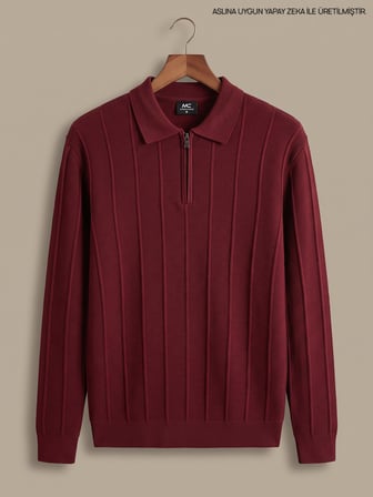 Maccali Bordo Erkek Waffle Dokulu Fermuarlı Polo Yaka Triko Kazak