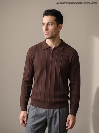 Maccali Kahve Erkek Waffle Dokulu Fermuarlı Polo Yaka Triko Kazak