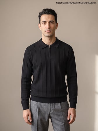 Maccali Siyah Erkek Waffle Dokulu Fermuarlı Polo Yaka Triko Kazak
