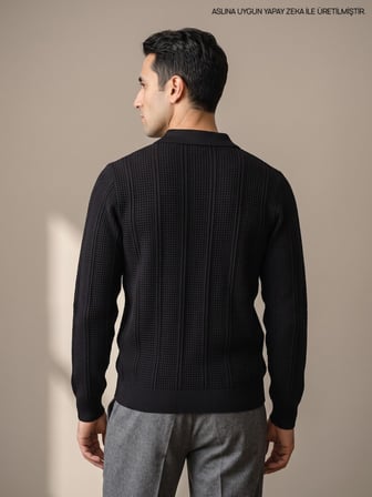 Maccali Siyah Erkek Waffle Dokulu Fermuarlı Polo Yaka Triko Kazak