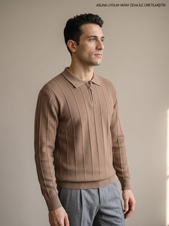 Maccali Taba Erkek Waffle Dokulu Fermuarlı Polo Yaka Triko Kazak