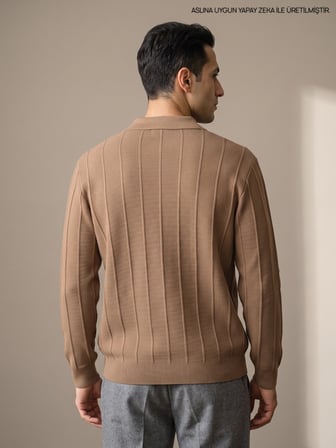 Maccali Taba Erkek Waffle Dokulu Fermuarlı Polo Yaka Triko Kazak