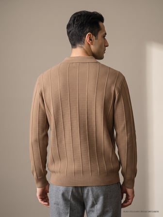 Maccali Taba Erkek Waffle Dokulu Fermuarlı Polo Yaka Triko Sweatshirt