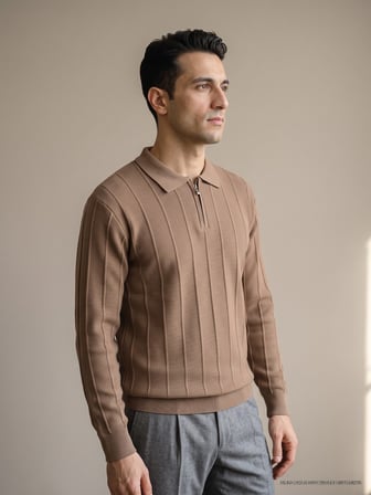Maccali Taba Erkek Waffle Dokulu Fermuarlı Polo Yaka Triko Sweatshirt
