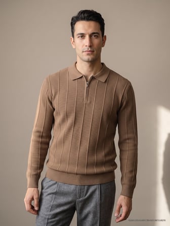 Maccali Taba Erkek Waffle Dokulu Fermuarlı Polo Yaka Triko Sweatshirt