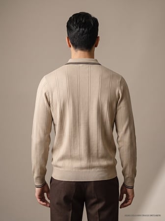 Maccali Bej Erkek Çizgili Fermuarlı Polo Yaka Triko Sweatshirt