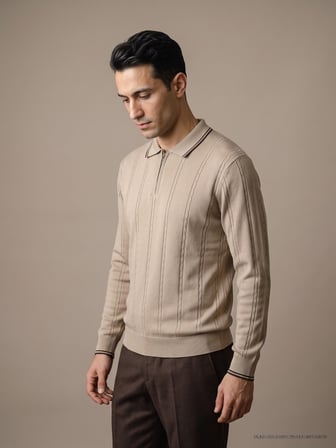 Maccali Bej Erkek Çizgili Fermuarlı Polo Yaka Triko Sweatshirt