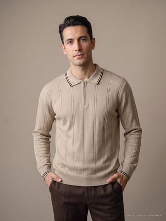 Maccali Bej Erkek Çizgili Fermuarlı Polo Yaka Triko Sweatshirt