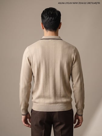 Maccali Bej Erkek Çizgili Fermuarlı Polo Yaka Triko Kazak