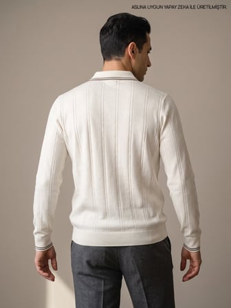 Maccali Beyaz Erkek Çizgili Fermuarlı Polo Yaka Triko Kazak