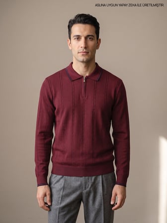 Maccali Bordo Erkek Çizgili Fermuarlı Polo Yaka Triko Kazak