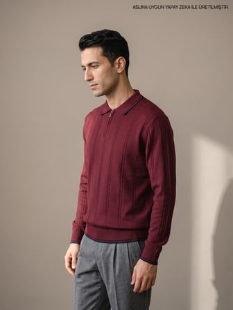 Maccali Bordo Erkek Çizgili Fermuarlı Polo Yaka Triko Kazak