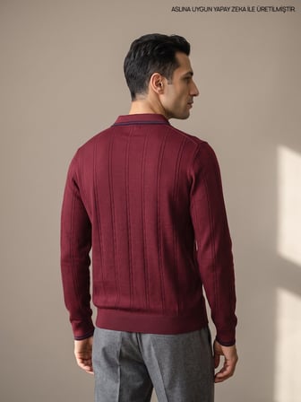 Maccali Bordo Erkek Çizgili Fermuarlı Polo Yaka Triko Kazak