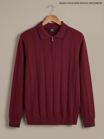 Maccali Bordo Erkek Çizgili Fermuarlı Polo Yaka Triko Kazak
