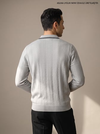 Maccali Gri Erkek Çizgili Fermuarlı Polo Yaka Triko Kazak