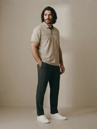 Maccali Bej Erkek Büyük Beden Desenli Bol Polo Yaka Tişört