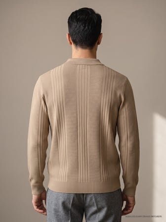 Maccali Bej Erkek Petek Dokulu Fermuarlı Polo Yaka Triko Sweatshirt