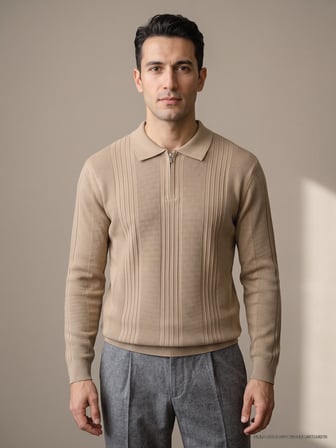 Maccali Bej Erkek Petek Dokulu Fermuarlı Polo Yaka Triko Sweatshirt