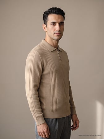 Maccali Bej Erkek Petek Dokulu Fermuarlı Polo Yaka Triko Sweatshirt