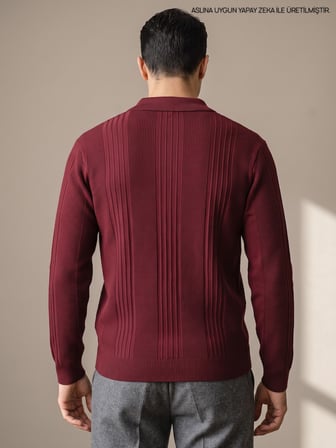 Maccali Bordo Erkek Petek Dokulu Fermuarlı Polo Yaka Triko Kazak