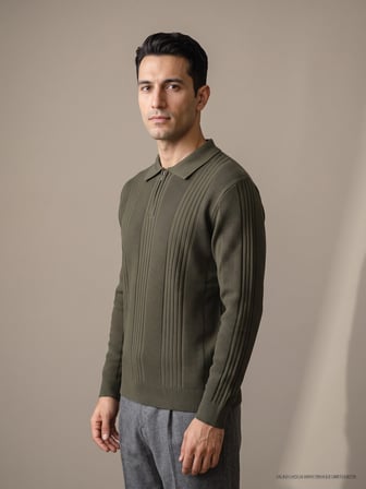 Maccali Haki Erkek Petek Dokulu Fermuarlı Polo Yaka Triko Kazak