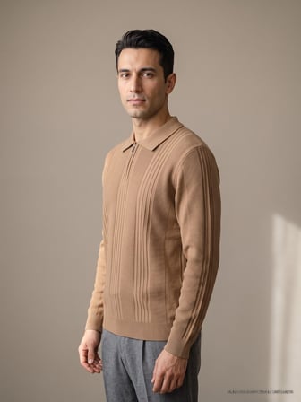 Maccali Taba Erkek Petek Dokulu Fermuarlı Polo Yaka Triko Sweatshirt