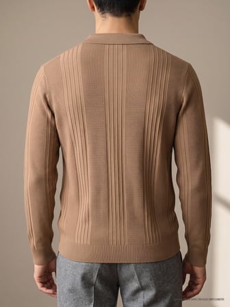 Maccali Taba Erkek Petek Dokulu Fermuarlı Polo Yaka Triko Sweatshirt