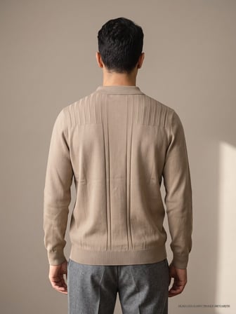 Maccali Bej Erkek Omuz Panelli Fermuarlı Polo Yaka Triko Sweatshirt