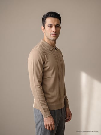 Maccali Bej Erkek Omuz Panelli Fermuarlı Polo Yaka Triko Sweatshirt