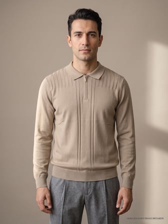 Maccali Bej Erkek Omuz Panelli Fermuarlı Polo Yaka Triko Sweatshirt