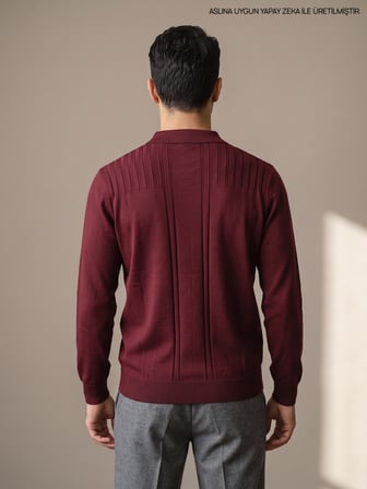 Maccali Bordo Erkek Omuz Panelli Fermuarlı Polo Yaka Triko Kazak