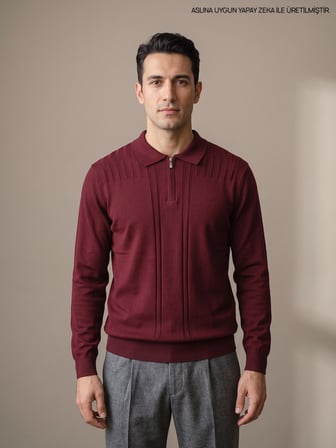 Maccali Bordo Erkek Omuz Panelli Fermuarlı Polo Yaka Triko Kazak