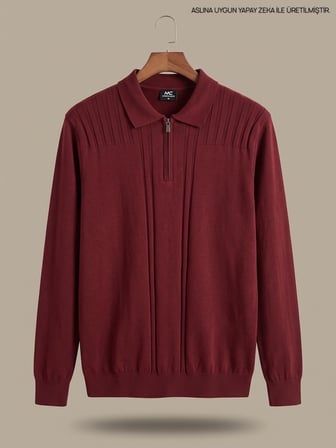 Maccali Bordo Erkek Omuz Panelli Fermuarlı Polo Yaka Triko Kazak