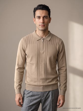 Maccali Taba Erkek Omuz Panelli Fermuarlı Polo Yaka Triko Sweatshirt