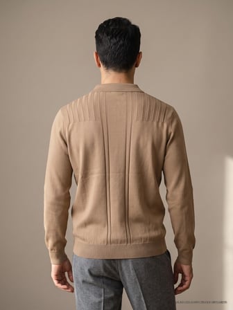 Maccali Taba Erkek Omuz Panelli Fermuarlı Polo Yaka Triko Sweatshirt