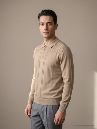Maccali Taba Erkek Omuz Panelli Fermuarlı Polo Yaka Triko Sweatshirt