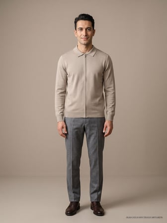 Maccali Bej Erkek Düz Fermuarlı Polo Yaka İnce Triko Sweatshirt