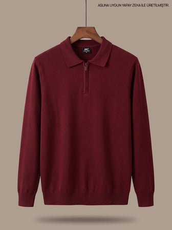 Maccali Bordo Erkek Düz Fermuarlı Polo Yaka İnce Triko Kazak