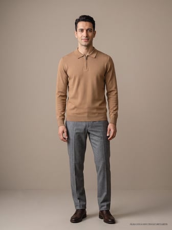 Maccali Taba Erkek Düz Fermuarlı Polo Yaka İnce Triko Sweatshirt