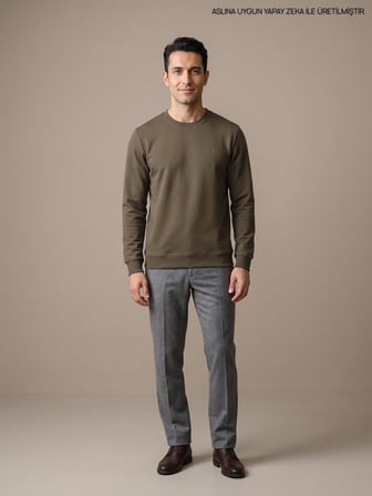 Maccali Haki Erkek İki İplik Bisiklet Yaka Sweatshirt