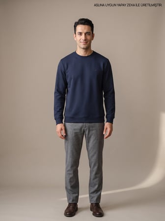 Maccali Lacivert Erkek İki İplik Bisiklet Yaka Sweatshirt