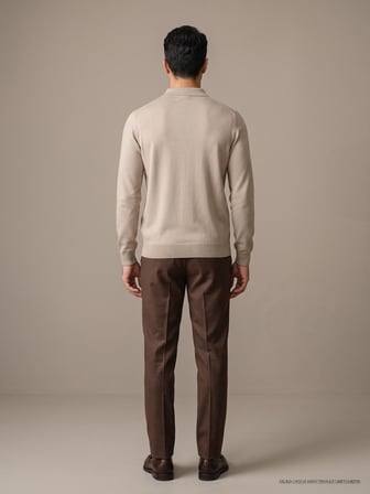 Maccali Bej Erkek Fitil Dokulu Fermuarlı Polo Yaka Triko Sweatshirt