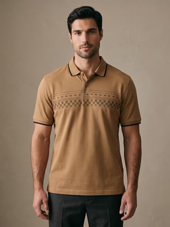 Maccali Camel Erkek Damalı Bantlı Polo Yaka Tişört