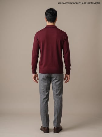 Maccali Bordo Erkek Biyeli Fermuarlı Polo Yaka İnce Triko Kazak