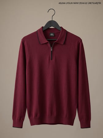 Maccali Bordo Erkek Biyeli Fermuarlı Polo Yaka İnce Triko Kazak