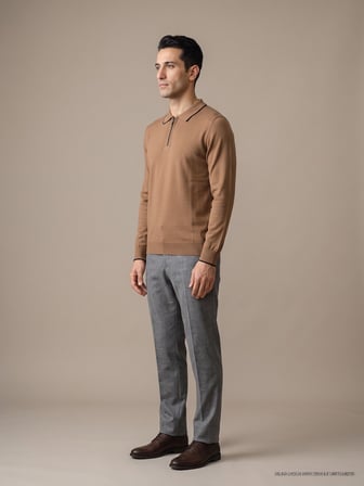 Maccali Taba Erkek Biyeli Fermuarlı Polo Yaka İnce Triko Sweatshirt